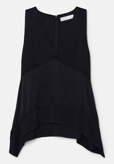Black sleeveless top with a V-neck, featuring a zip closure at the back, layered hem, and subtle textured fabric.