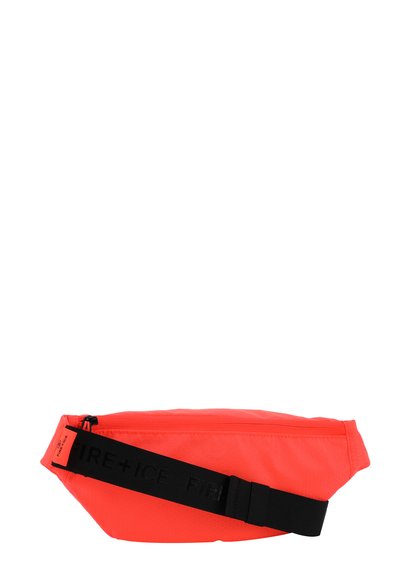 Roter Nylon-Hüftbeutel mit strukturierter Oberfläche, ausgestattet mit einem schwarzen verstellbaren Gürtel und einem Reißverschlussfach für die Aufbewahrung.
