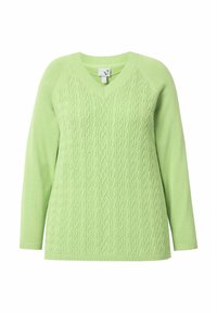 V-paita, pitkähihaisena, vaaleanvihreänä, jossa on teksturoitu palmikkoneulekuvio. Pehmeä materiaali, jossa ribbaustekniikka hihansuissa ja helmassa.