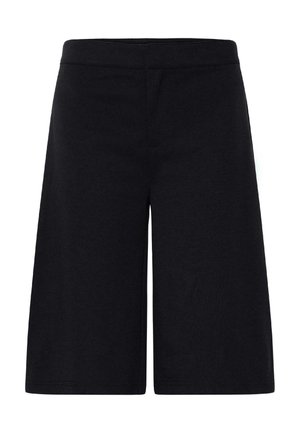 Czarne krótkie spodenki do kolan o prostym kroju, z elastycznym pasem i bez widocznych kieszeni ani ozdób.