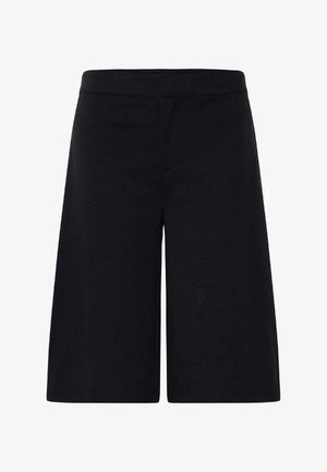 Schwarze kniehohe Shorts mit geradem Schnitt, elastischem Bund und ohne sichtbare Taschen oder Verzierungen.