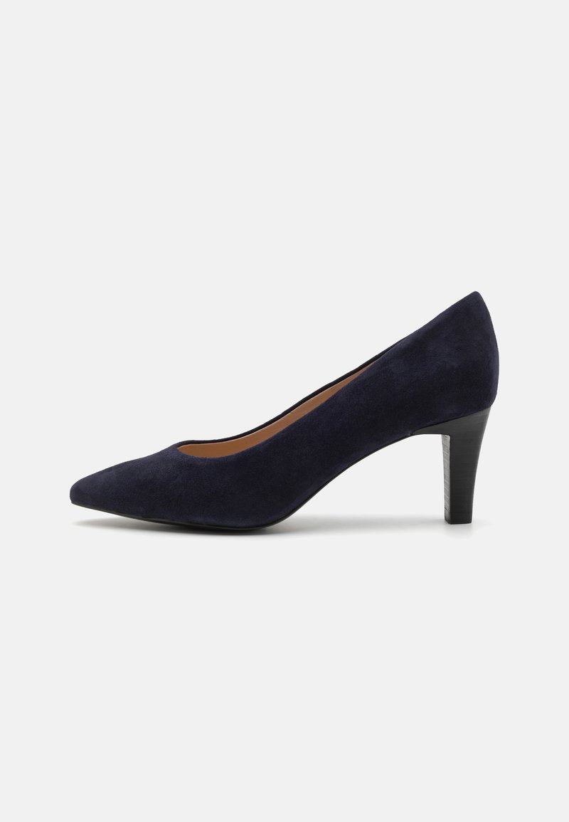 Navy blue suede high-heeled pump with a pointed toe and a textured black heel. Simple design with a smooth surface and no visible patterns.