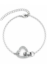 Silberarmband mit einem herzförmigen Anhänger, der einen klaren Kristallrand aufweist und ein Verschlussdesign für sicheren Halt hat. Die Kettenglieder sind fein.