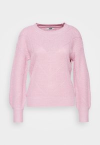 Rosa stickad tröja med V-ringning, med ett strukturmönster av diamanter, långa ärmar och ribbade muddarna och nederkant.