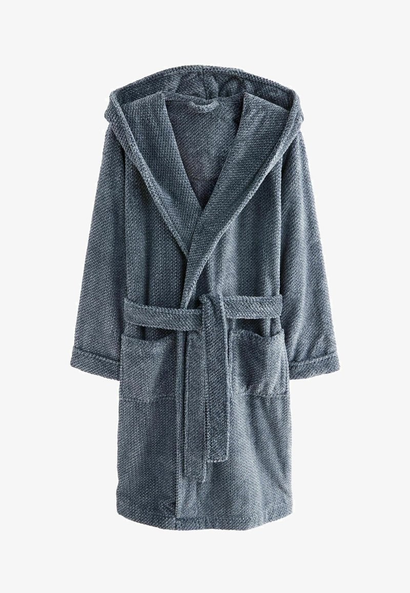 Hooded badjas in gestructureerde donkergrijze stof, met een riem, twee voorzakken en een relaxed fit met driekwart mouwen.