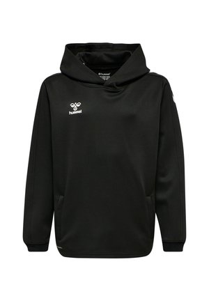 Zwarte hoodie met een voorzak, een capuchon met trekkoord en het Hummel-logo op de borst. Heeft lange mouwen en een gladde stoftextuur.