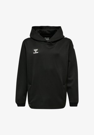 Schwarzer Hoodie mit einer Vordertasche, Kapuze mit Kordelzug und dem Hummel-Logo auf der Brust. Verfügt über lange Ärmel und eine glatte Stoffstruktur.
