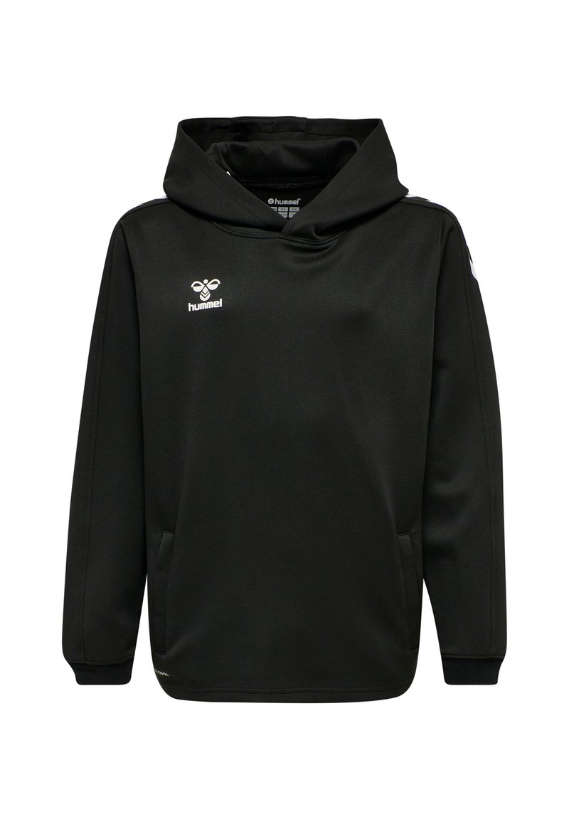 Schwarzer Hoodie mit einer Vordertasche, Kapuze mit Kordelzug und dem Hummel-Logo auf der Brust. Verfügt über lange Ärmel und eine glatte Stoffstruktur.