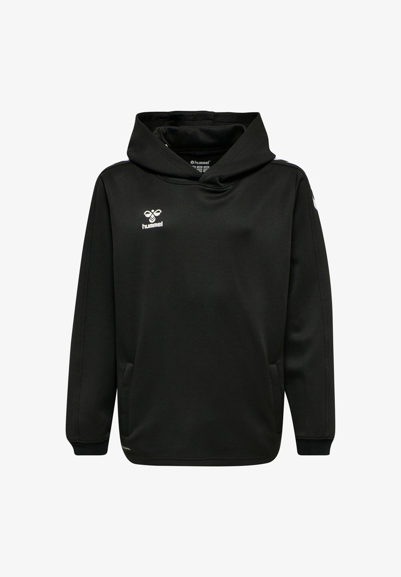 Schwarzer Hoodie mit einer Vordertasche, Kapuze mit Kordelzug und dem Hummel-Logo auf der Brust. Verfügt über lange Ärmel und eine glatte Stoffstruktur.