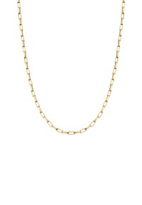 Zlatna lančić ogrlica s pravokutnim karikama, koja ima glatku teksturu i ujednačen oblik, osmišljena za jednostavan i elegantan izgled.