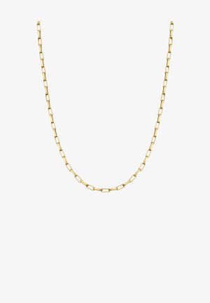 Collana in oro con maglie rettangolari, caratterizzata da una superficie liscia e forme uniformi, progettata per un aspetto semplice ed elegante.