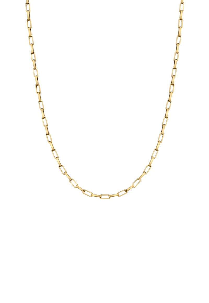 Zlatna lančić ogrlica s pravokutnim karikama, koja ima glatku teksturu i ujednačen oblik, osmišljena za jednostavan i elegantan izgled.
