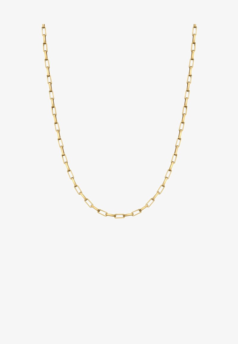 Zlatna lančić ogrlica s pravokutnim karikama, koja ima glatku teksturu i ujednačen oblik, osmišljena za jednostavan i elegantan izgled.