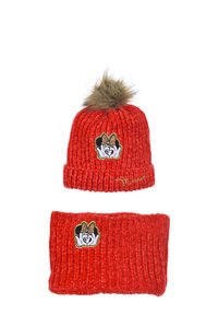 Berretto di lana rossa con pom-pom in pelliccia sintetica e grafica ricamata di Minnie Mouse. Accompagnato da una fascia per capelli rossa a maglia con design simile.