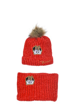 Berretto di lana rossa con pom-pom in pelliccia sintetica e grafica ricamata di Minnie Mouse. Accompagnato da una fascia per capelli rossa a maglia con design simile.
