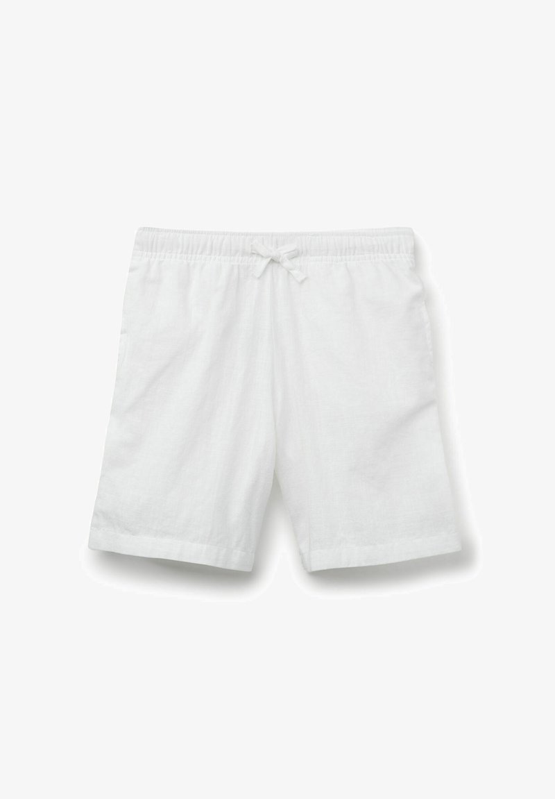 Białe lniane szorty z elastycznym pasem i detalem wiązania z przodu. Posiadają dwie boczne kieszenie oraz luźny, swobodny krój.