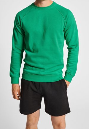 Mann trägt ein hellgrünes Sweatshirt mit langen Ärmeln und schwarze Shorts, steht mit einer Hand in der Tasche vor einem einfarbigen Hintergrund.