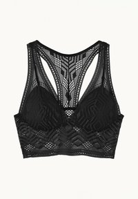 Bralette en dentelle noire avec un motif géométrique, des bonnets sans fils et des larges bretelles. Le design comprend des détails en maille délicate et des accents.
