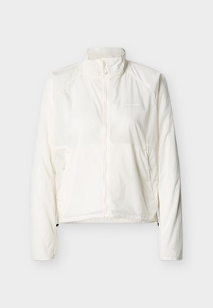 Λευκό ελαφρύ μπουφάν με φερμουάρ, ψηλό γιακά, μακριά μανίκια και διακριτικό λογότυπο στο αριστερό στήθος, παρουσιάζεται σε απλό φόντο.