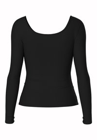 Long-sleeve black top made of ribbed fabric, featuring a scoop neckline and fitted silhouette with wrist-length sleeves. No visible patterns or hardware.