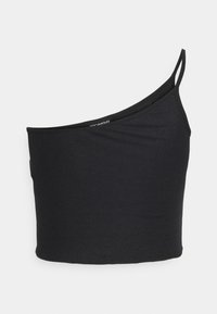 Top cropped preto com textura canelada, design assimétrico de um ombro e alça fina, apresentando uma textura suave e uma bainha inferior reta.