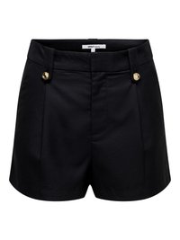Short noir taille haute ajusté avec plis devant, large ceinture, passants latéraux et détails de boutons dorés.