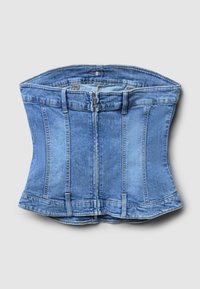 Corsetto in denim, azzurro chiaro, design strutturato con pannelli. Presenta una cerniera frontale e spalline regolabili per la vestibilità. Texture liscia.