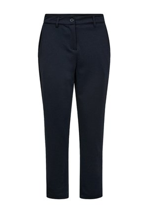 Pantalon bleu marine ajusté avec passants pour ceinture, bouton frontal, fermeture éclair et poches latérales, conçu pour une coupe slim.