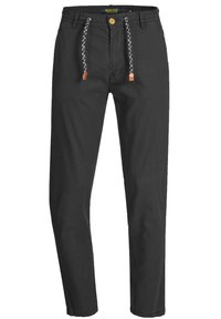 Pantalon décontracté noir avec bouton et fermeture éclair, avec des cordons blancs et noirs avec extrémités en cuir marron à la taille.