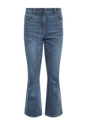 Niebieskie dżinsy z wysokim stanem, z przodu zapinane na guziki, z lekko rozszerzanymi nogawkami.