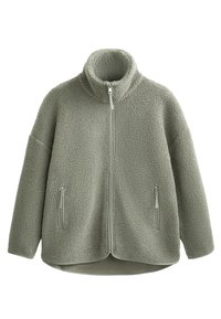 Fleecejack in gedempt groen, met een hoge kraag, een ritssluiting aan de voorkant en twee zijzakken met rits. Textuurstof met een zachte uitstraling.
