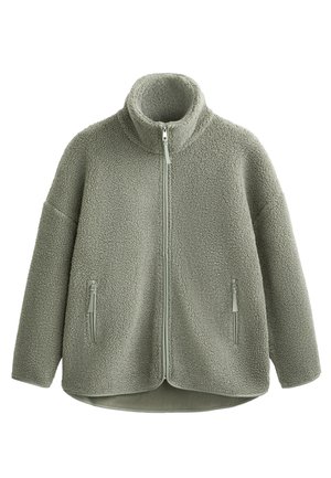 Fleecejack in gedempt groen, met een hoge kraag, een ritssluiting aan de voorkant en twee zijzakken met rits. Textuurstof met een zachte uitstraling.