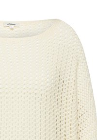 Cream-colored knitted top with openwork pattern and round neckline, size 36, brand s.Oliver visible on label.