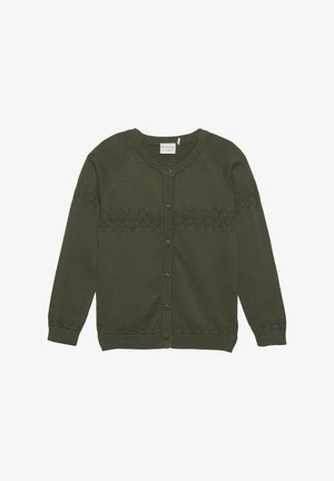 Cardigan pour enfants en tricot vert foncé, à manches longues, boutonné sur le devant, avec un motif en zigzag texturé sur la poitrine, les manches et l'ourlet.