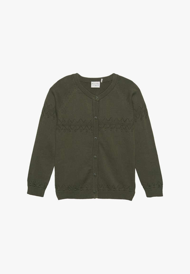 Cardigan pour enfants en tricot vert foncé, à manches longues, boutonné sur le devant, avec un motif en zigzag texturé sur la poitrine, les manches et l'ourlet.