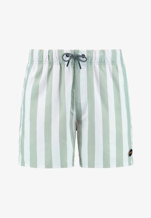 Raidat uimapöksyt vaaleanvihreinä ja valkoisina, joissa on joustava vyötärö, jossa on nyöri, ja pieni musta logo helmoissa.