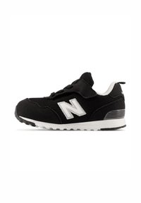 Sneaker atletica nera con tomaia in rete, accenti bianchi e suola ammortizzata. Presenta un logo "N" ben visibile sul lato.