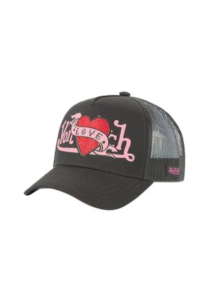Black mesh trucker cap with pink "Von Dutch" text, a red rhinestone heart, and a "LOVE" banner on the front panel.