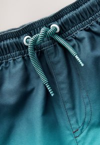 Shorts de bain en tissu vert foncé sarcelle. Taille élastique avec cordon de serrage à motif sarcelle et œillets métalliques. Légère brillance et coutures plates.