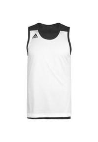 Débardeur de sport blanc avec des accents noirs et un col en maille, arborant un petit logo Adidas sur la zone gauche de la poitrine.