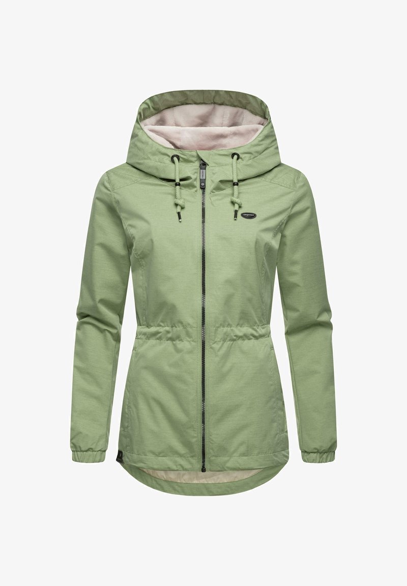 Light green jacket featuring a zip front, adjustable hood, drawstring waist, and soft inner lining. Designed with long sleeves and elastic cuffs.