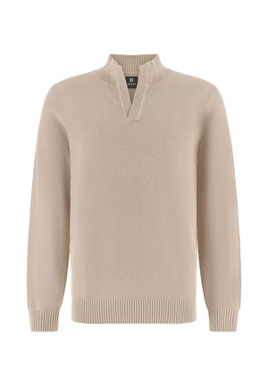 Béžový svetr s texturovaným pletením, žebrovaným výstřihem do V, manžetami a lemem, s malou černou značkou uvnitř límce.