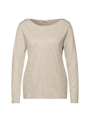 Maglietta beige a maniche lunghe con scollatura ampia, realizzata in tessuto morbido. Caratterizzata da una superficie liscia e un design dal taglio rilassato.