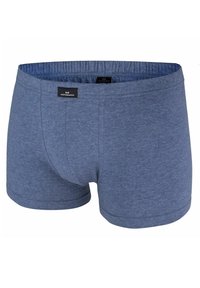 Heren boxershorts in donkerblauwe stof, met een platte elastische tailleband, een gladde textuur en een gevormde pouch.