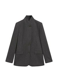 Ciemnoszary żakiet wykonany z fakturowanej tkaniny. Posiada wysoki kołnierz, trzy guziki i dwie przednie kieszenie o gładkim wykończeniu.