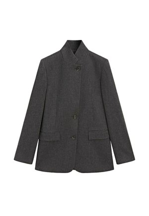 Ciemnoszary żakiet wykonany z fakturowanej tkaniny. Posiada wysoki kołnierz, trzy guziki i dwie przednie kieszenie o gładkim wykończeniu.