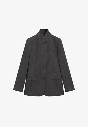 Mørkegrå blazer lavet af struktureret stof. Har en høj krave, tre knapper og to forlommer med en glat overflade.