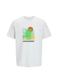 Camiseta de algodón blanca con un gráfico colorido de piña, con el texto negro "JACK&JONES" debajo. Diseño de manga corta y cuello redondo.