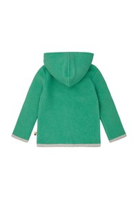 Grüner Fleece-Hoodie mit grauem Besatz, ausgestattet mit Kapuze und langen Ärmeln. Das Material wirkt weich und strukturiert.