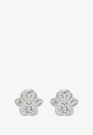 Orecchini argentati a forma di zampa con strass trasparenti disposti a punto, con una finitura liscia e bordi arrotondati.